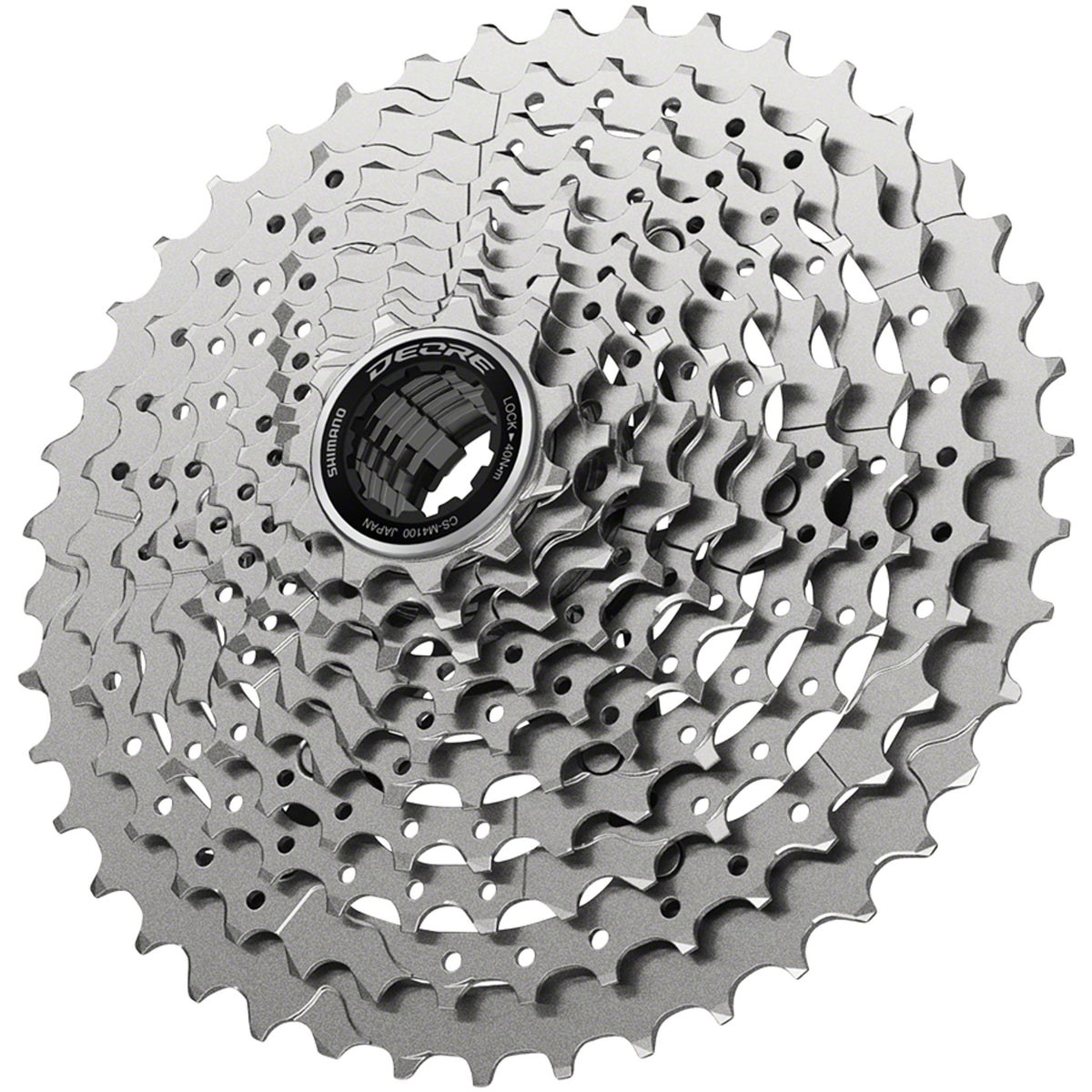 Shimano Deore M4100 cassette with multiple sprockets for mountain biking, mounted on a bicycle drivetrain.