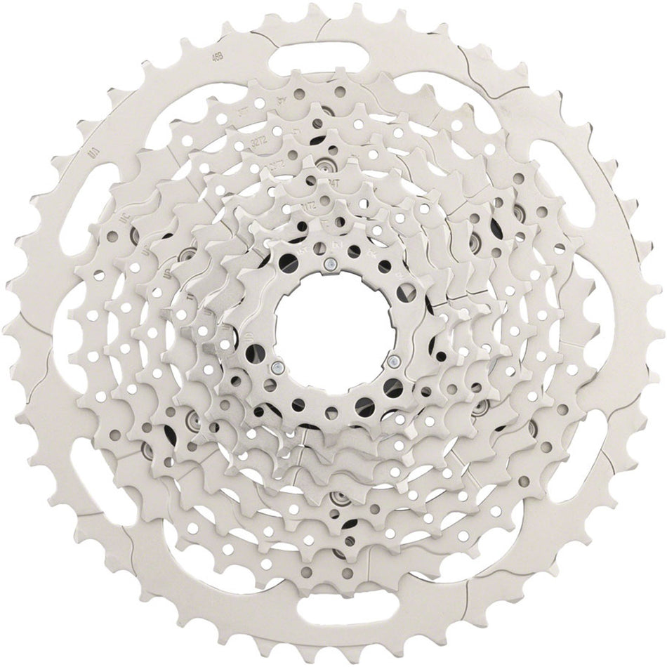 Shimano Deore M4100 cassette with multiple sprockets, designed for mountain bikes, shown in the image.