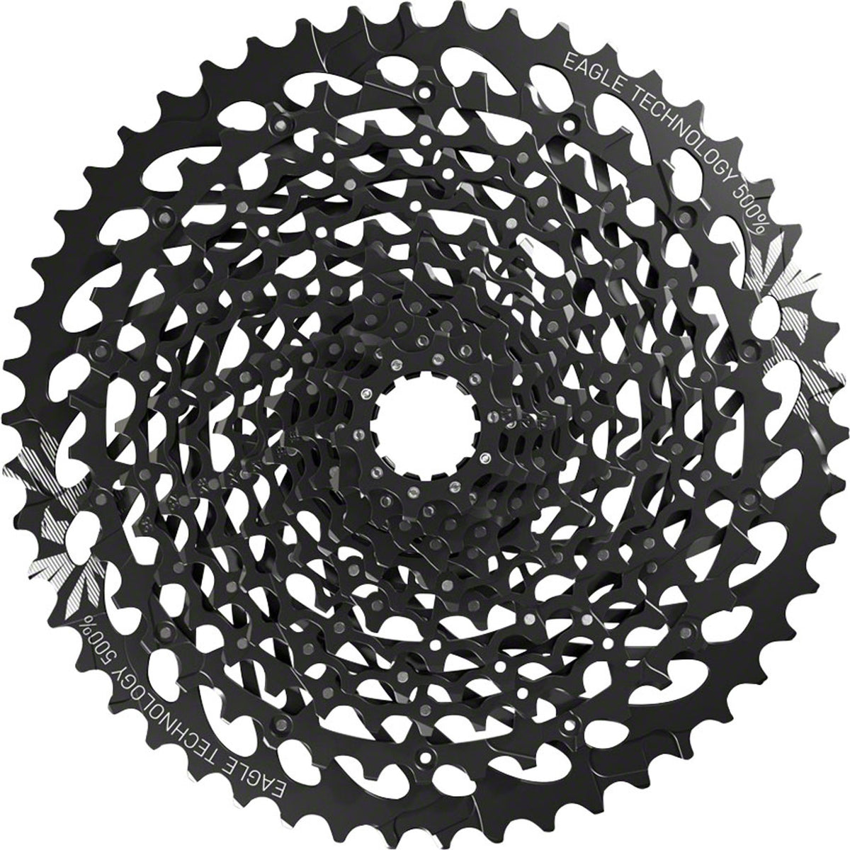 SRAM GX Eagle XG-1275 12-speed cassette with black alloy cogs for mountain bike gearing, shown in close-up.