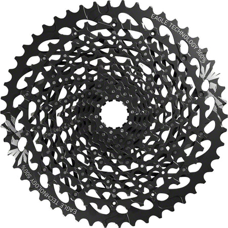 SRAM GX Eagle XG-1275 12-speed cassette with black alloy cogs for mountain bike gearing, shown in close-up.