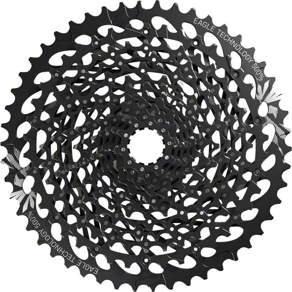 SRAM GX Eagle XG-1275 12-speed cassette with black alloy cogs for mountain bike gearing, shown in close-up.