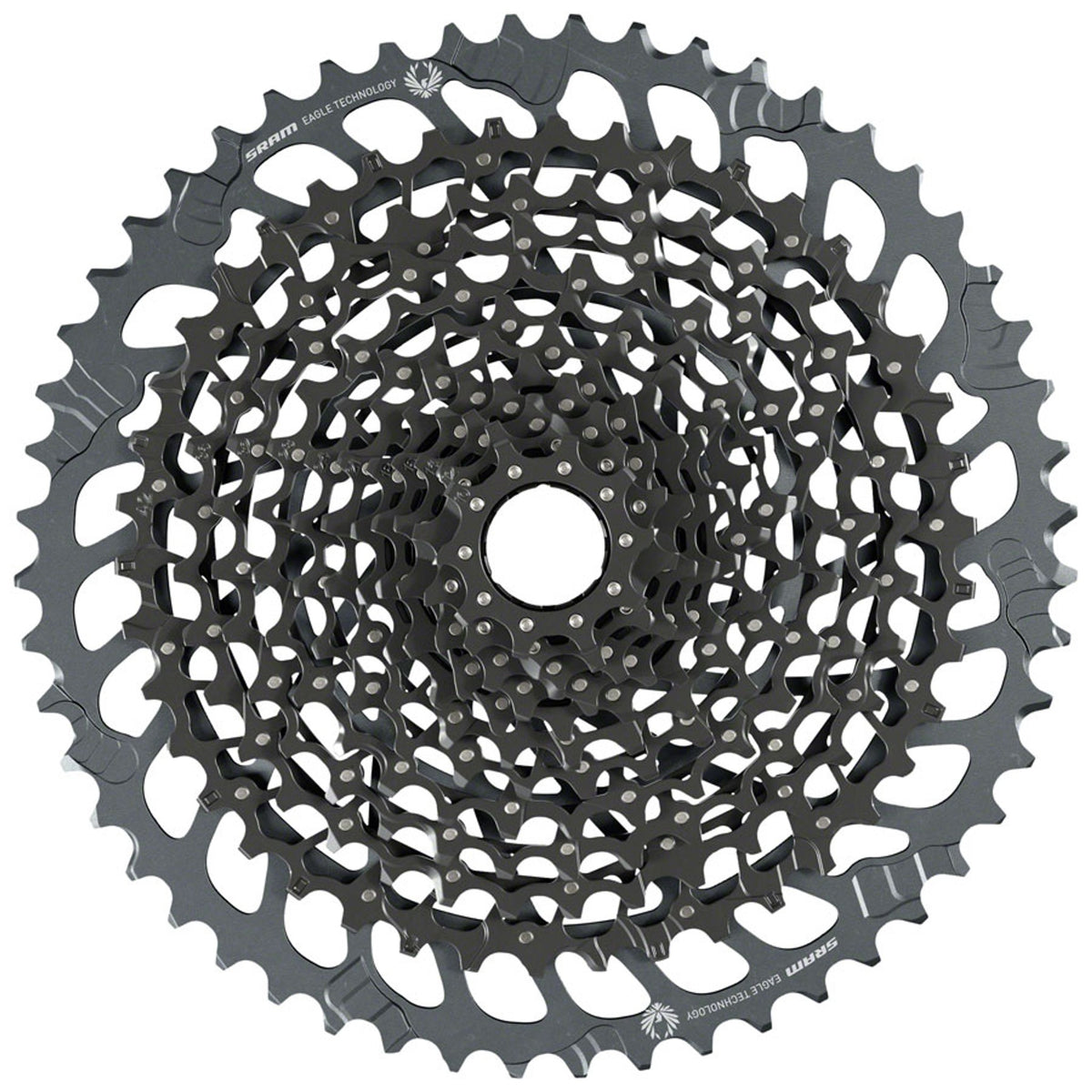 SRAM GX Eagle XG-1275 12-speed cassette with silver cogs for mountain bike drivetrain, showing detailed gear teeth and branding.
