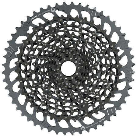 SRAM GX Eagle XG-1275 12-speed cassette with silver cogs for mountain bike drivetrain, showing detailed gear teeth and branding.