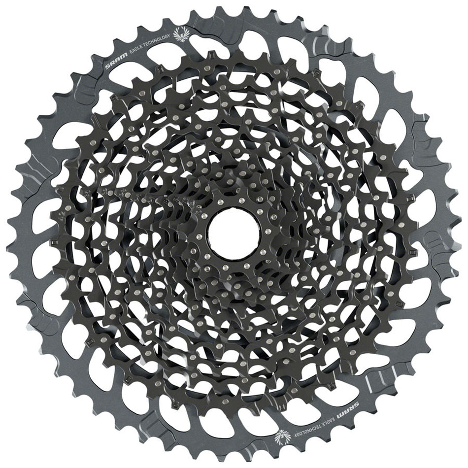 SRAM GX Eagle XG-1275 12-speed cassette with silver cogs for mountain bike drivetrain, showing detailed gear teeth and branding.