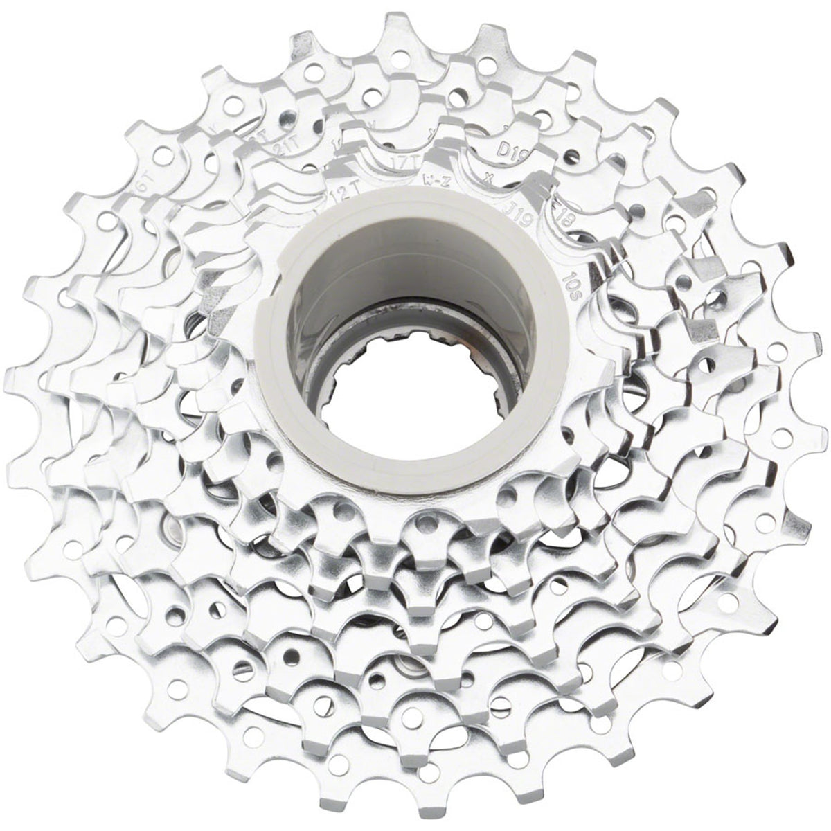 SRAM PG-1050 10-speed silver cassette with multiple cogs on a bike drivetrain, showcasing durable metallic gear components.
