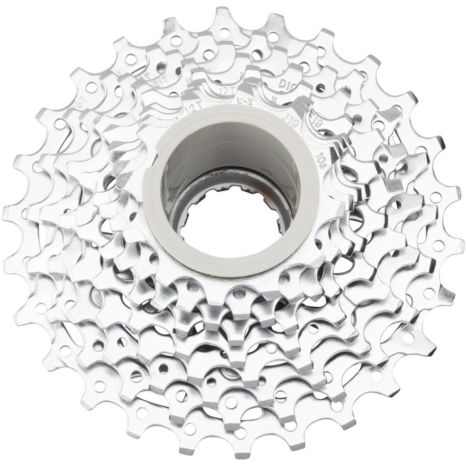 SRAM PG-1050 10-speed silver cassette with multiple cogs on a bike drivetrain, showcasing durable metallic gear components.
