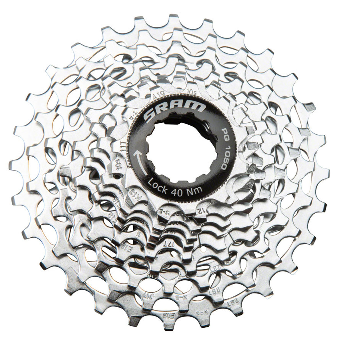 SRAM PG-1050 10-speed silver cassette with multiple cogs, designed for mountain and road bikes, showcasing its sleek metallic finish.