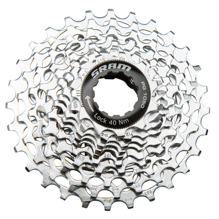 SRAM PG-1050 10-speed silver cassette with multiple cogs, designed for mountain and road bikes, showcasing its sleek metallic finish.