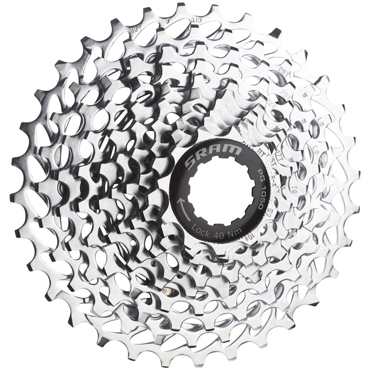 SRAM PG-1050 10-speed silver cassette with multiple cogs, designed for smooth gear shifting on bike drivetrain components.
