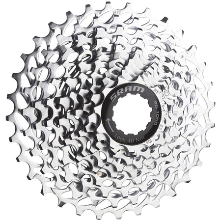 SRAM PG-1050 10-speed silver cassette with multiple cogs, designed for smooth gear shifting on bike drivetrain components.