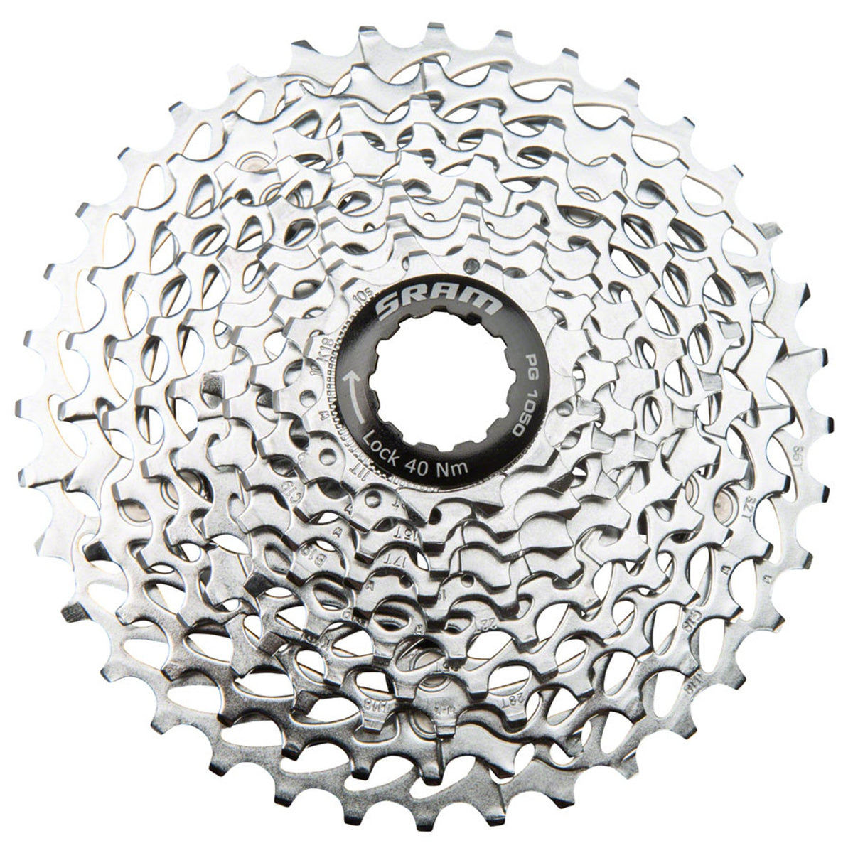 Silver SRAM PG-1050 10-speed cassette showing individual metal cogs for mountain or road bikes.