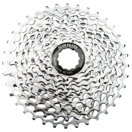 Silver SRAM PG-1050 10-speed cassette showing individual metal cogs for mountain or road bikes.