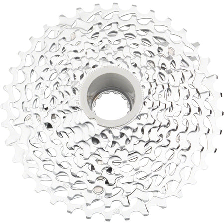 Silver SRAM PG-1050 10-speed cassette with multiple cogs, designed for smooth gear shifting on bicycles.