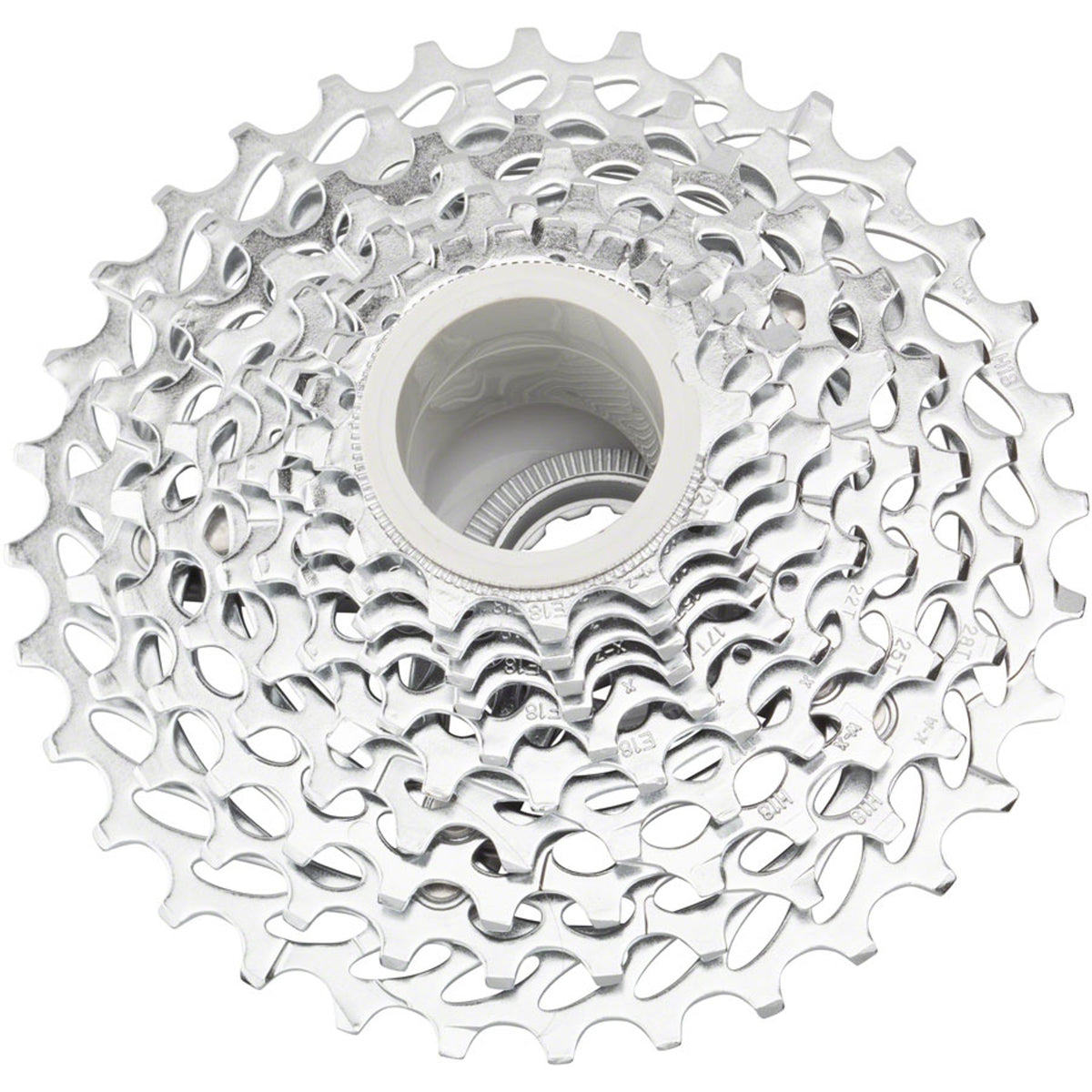 SRAM PG-1050 10-speed silver cassette with metal cogs for bike drivetrain, shown on a white background.
