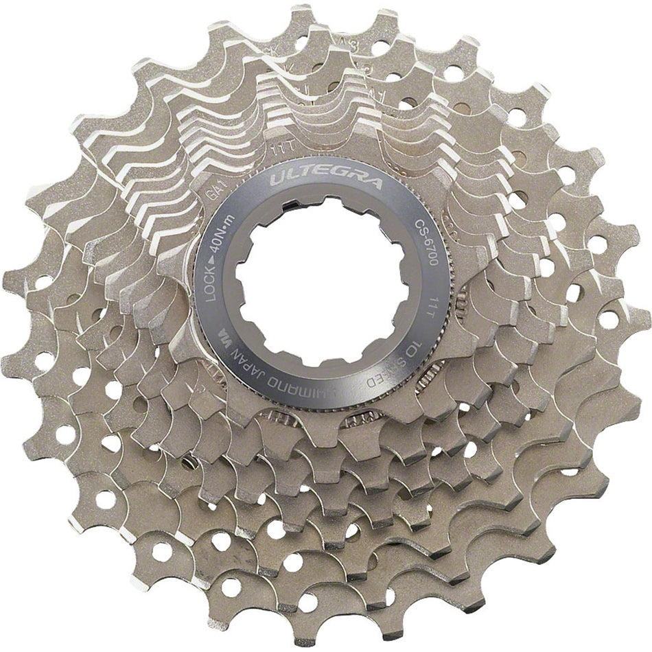 Shimano Ultegra CS-6700 10-speed cassette with metal cogs, shown with multiple sprockets for road bike gearing.