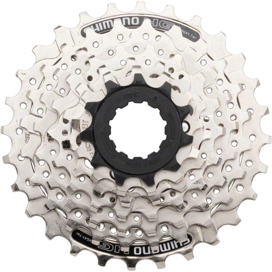 Shimano CS-HG41 7/8 speed cassette with steel cogs for mountain and road bikes, shown in image FW8094.