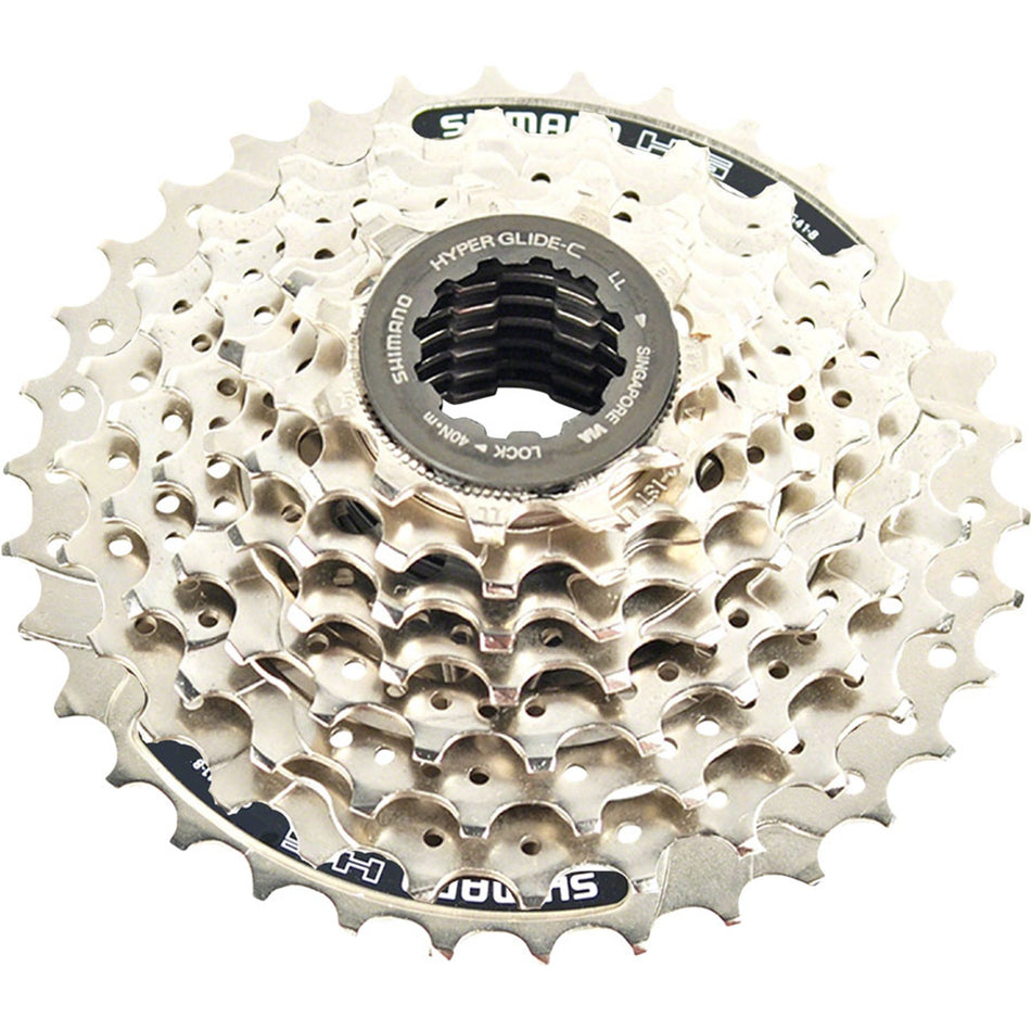 Shimano CS-HG41 7/8-speed cassette with metal cogs and black body, designed for mountain and road bikes.