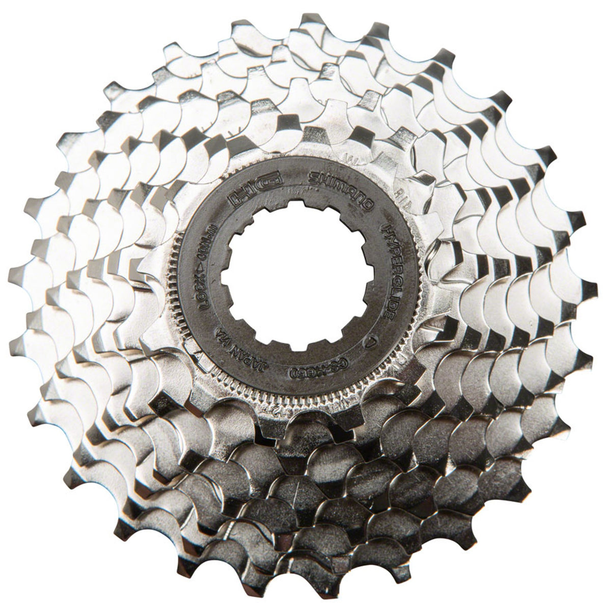 Shimano Claris CS-HG50 8-speed cassette with silver cogs for road bikes, showing the gear sprockets and teeth.
