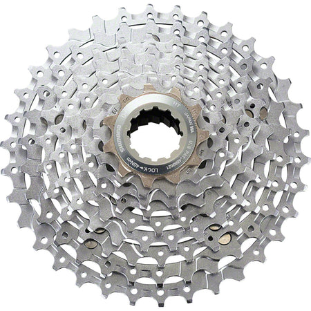 Shimano Deore XT CS-M770 9-speed cassette with metal cogs and black finish, designed for mountain bike drivetrain.