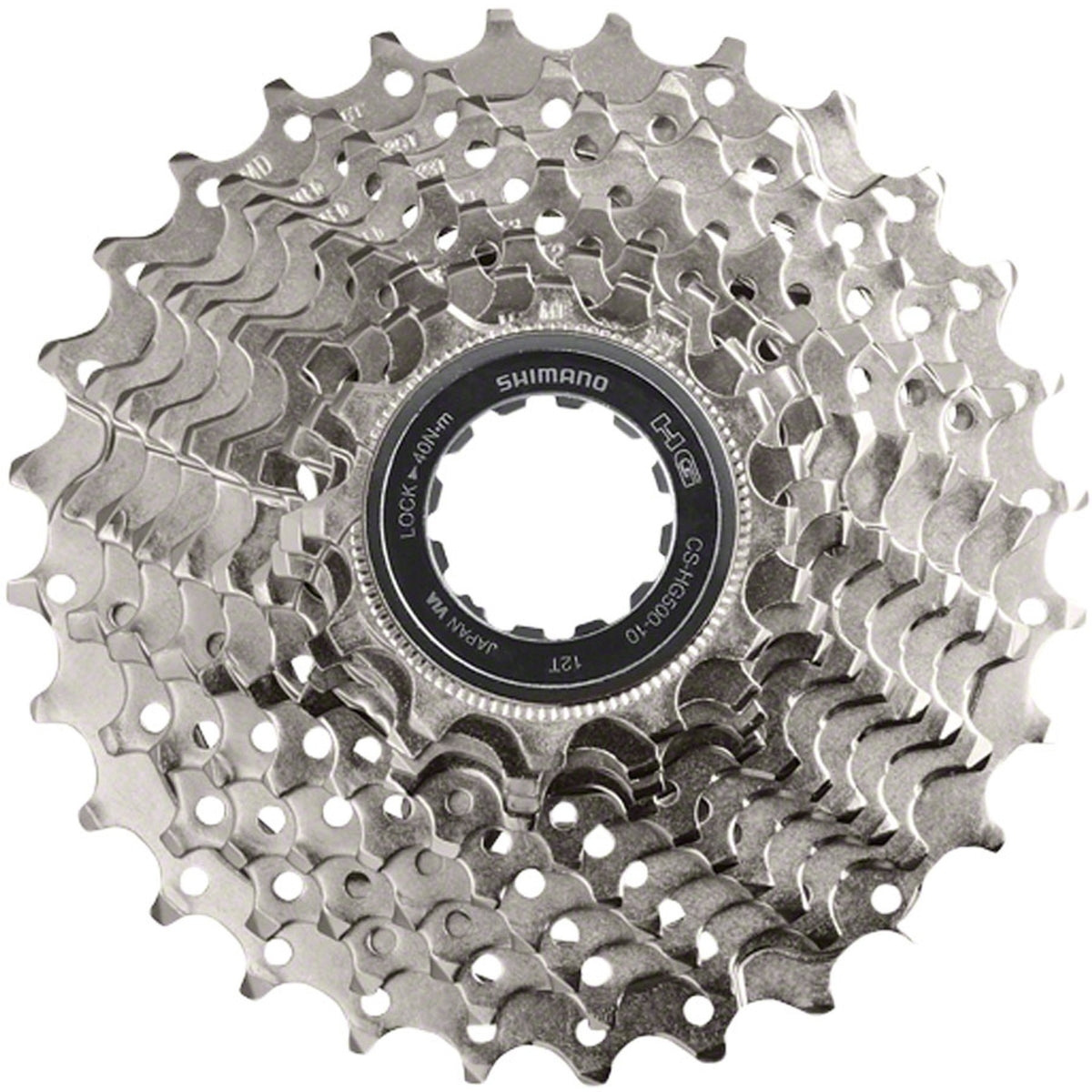 Shimano CS-HG500 10-speed cassette with metal cogs and black body, designed for mountain and road bikes.