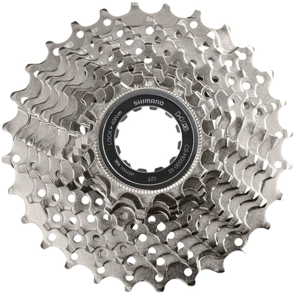Shimano CS-HG500 10-speed cassette with metal cogs and black body, designed for mountain and road bikes.