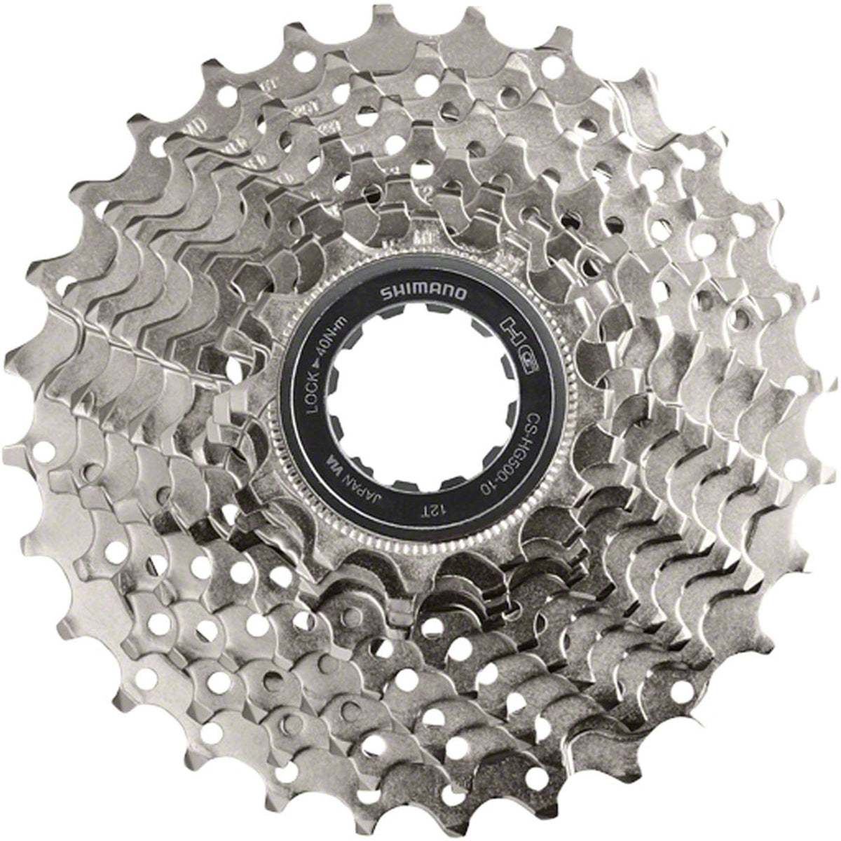 Shimano CS-HG500 10-speed cassette with silver cogs for road or mountain bikes, featuring durable, lightweight construction.