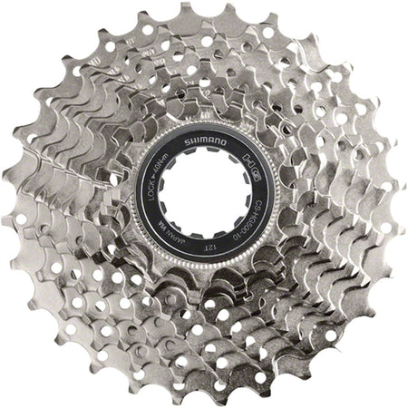 Shimano CS-HG500 10-speed cassette with silver cogs for road or mountain bikes, featuring durable, lightweight construction.