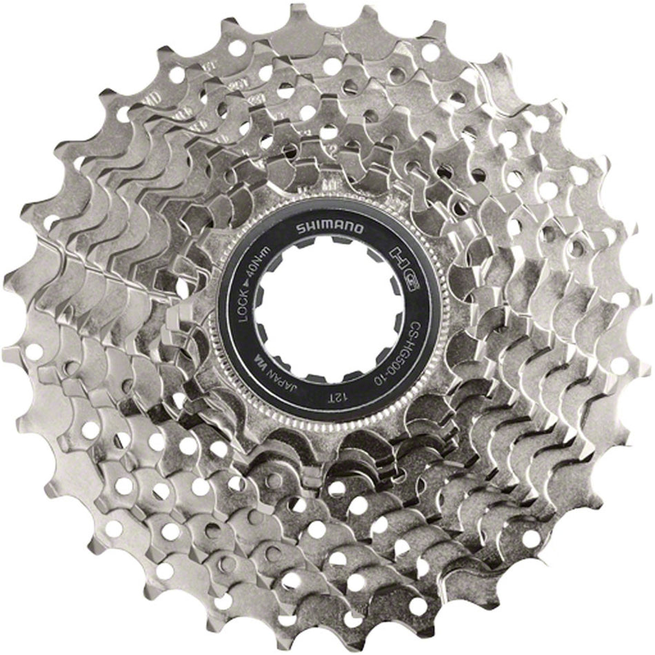 Shimano CS-HG500 10-speed cassette with silver cogs for road or mountain bikes, featuring durable, lightweight construction.