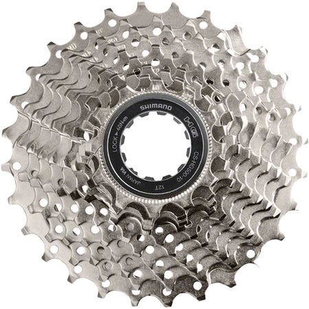 Shimano CS-HG500 10-speed cassette with silver cogs for road and mountain bikes, showing the gear sprockets and teeth.