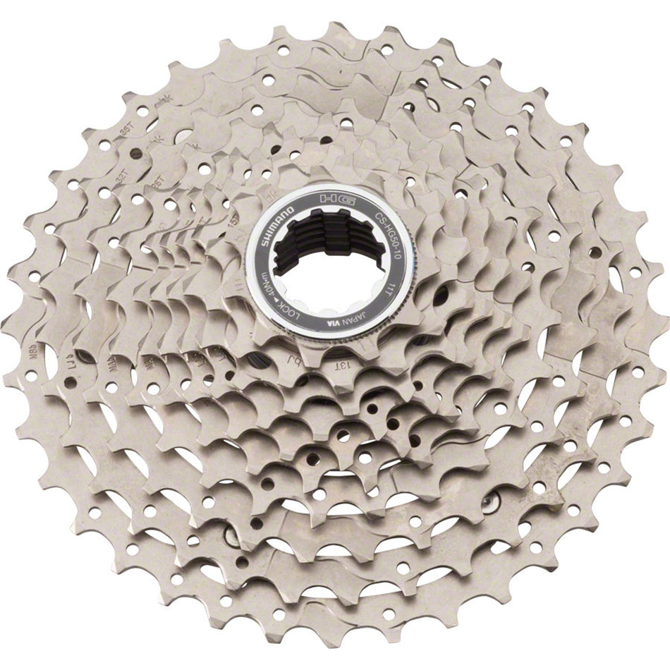 Shimano CS-HG50 10-speed cassette with metal cogs and black body, designed for mountain and road bikes.