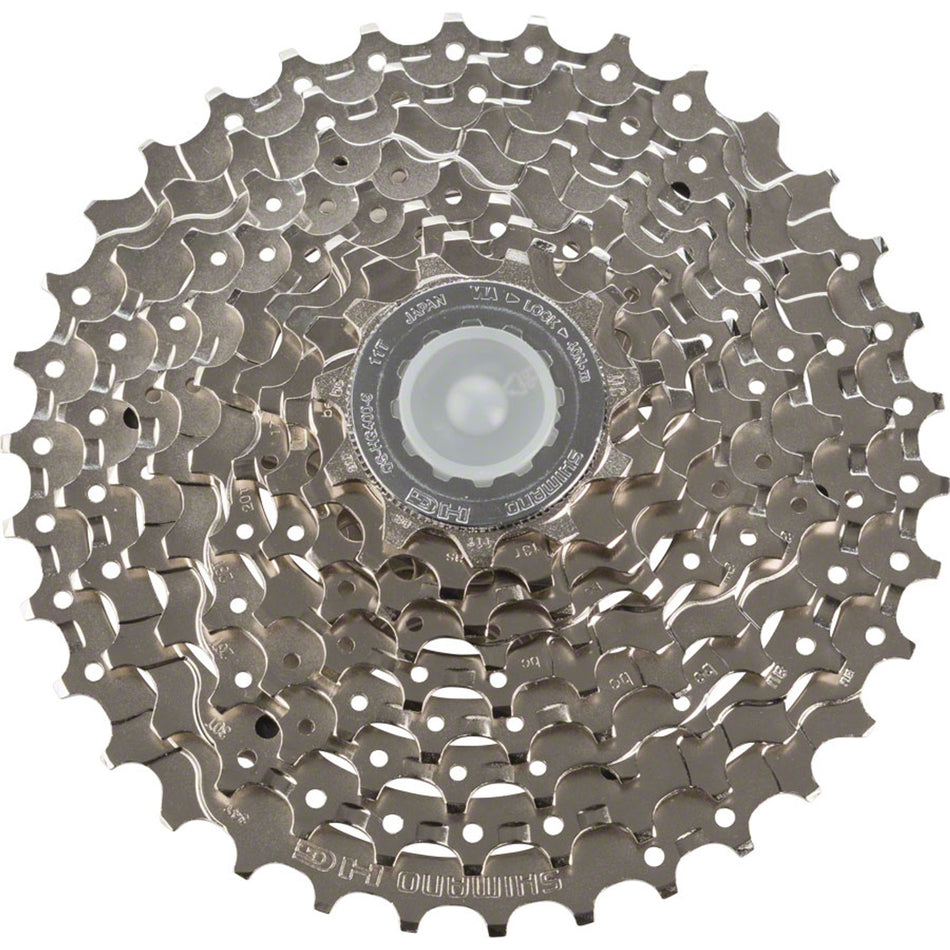 Shimano CS-HG400 9-speed cassette with metal cogs and black body, designed for smooth gear shifting on bicycles.