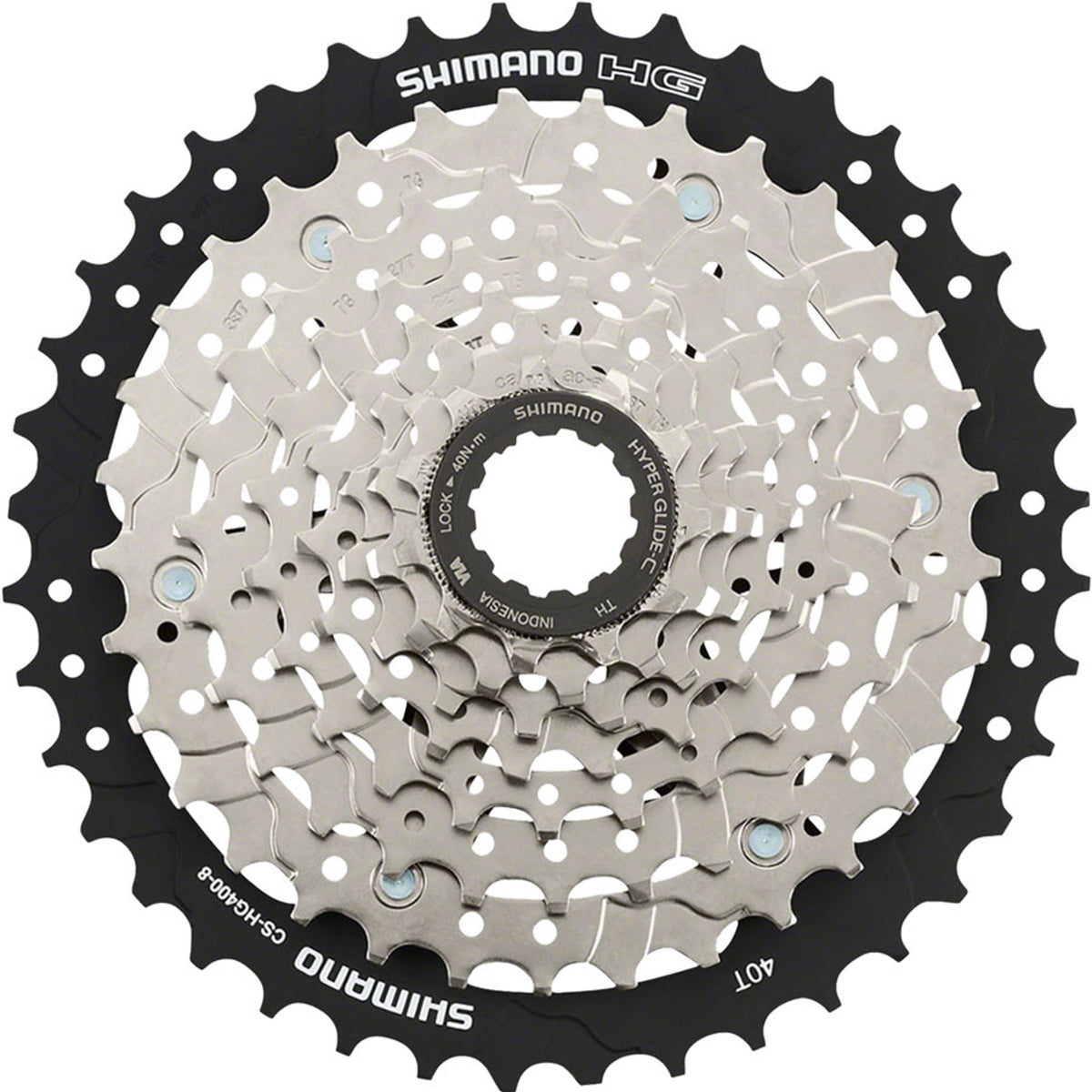 Shimano CS-HG400 cassette with multiple gears and silver cogs, designed for mountain and road bike drivetrain performance.