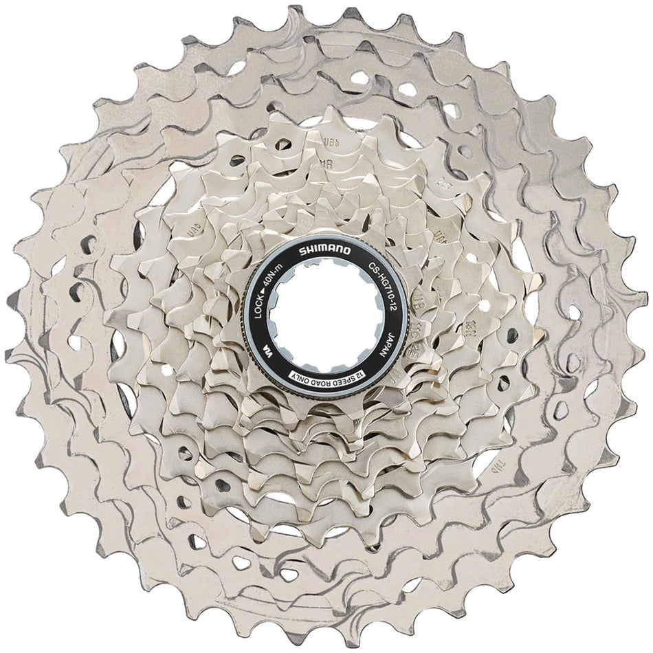 Shimano 105 CS-HG710 wide range bike cassette with multiple cogs for varied terrain riding on drop bars.