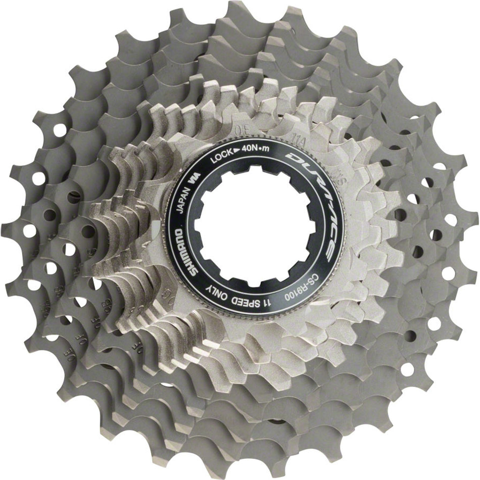 Shimano Dura-Ace CS-R9100 11-speed cassette with silver cogs, designed for high-performance road bikes.