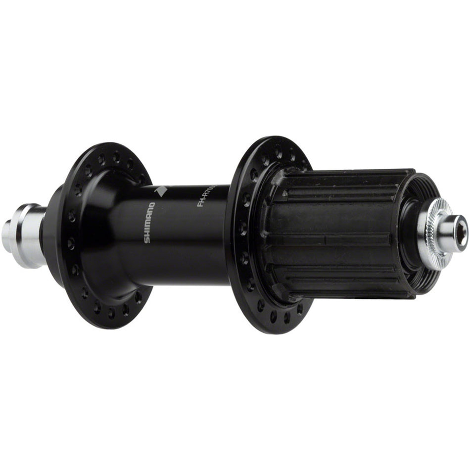 Shimano 105 FH-R7000 rear hub with black body and silver flanges, designed for road bike wheel assembly.