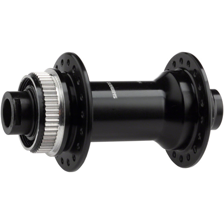 Shimano 105 HB-R7000 front hub, black alloy bicycle hub with quick-release skewer, for road bike wheels.