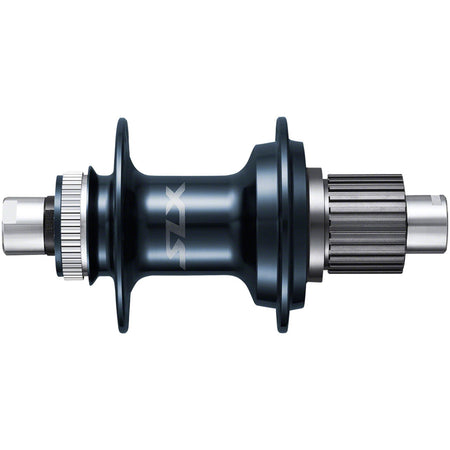Shimano SLX FH-M7000 series rear hub with black body and silver spokes for mountain bike wheel assembly.