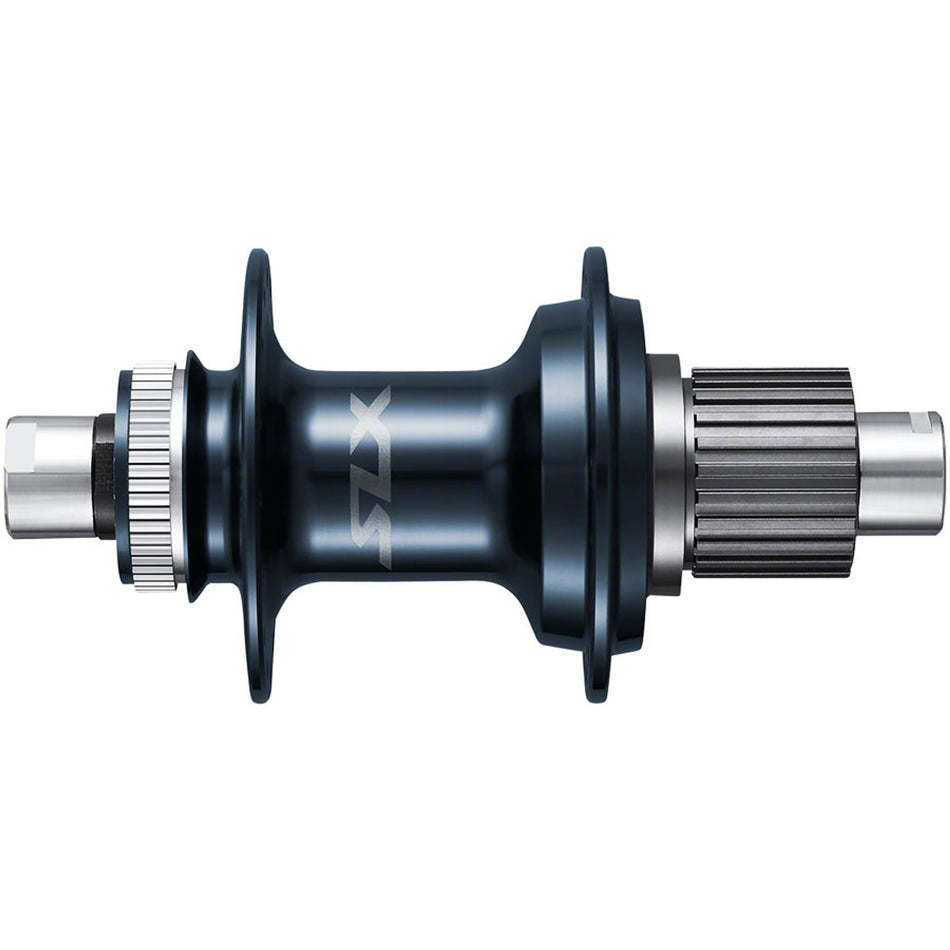 Shimano SLX FH-M7000 series rear hub with black body and silver spokes for mountain bike wheel assembly.