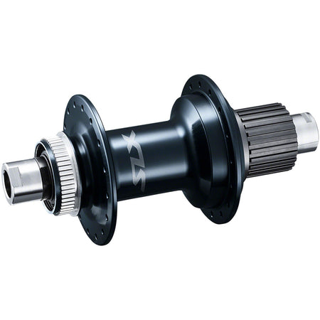 Shimano SLX FH-M7000 series rear hub with black anodized finish and quick-release lever, designed for mountain bike wheels.