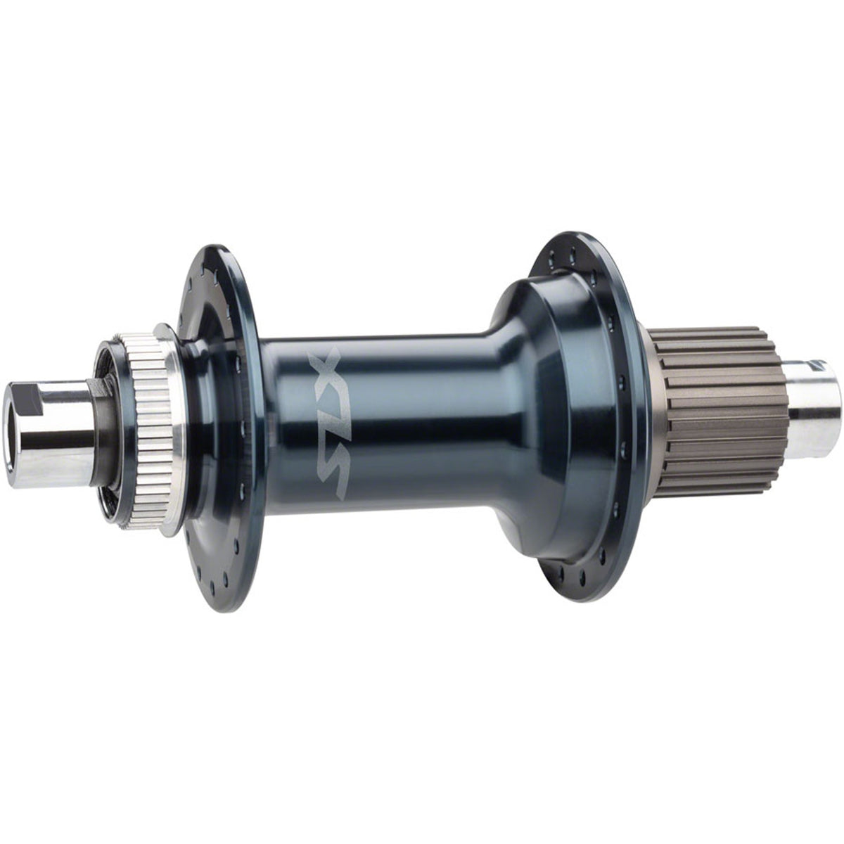 Shimano SLX FH-M7000 rear hub with black body and silver accents, featuring quick-release skewer and precision engineering.