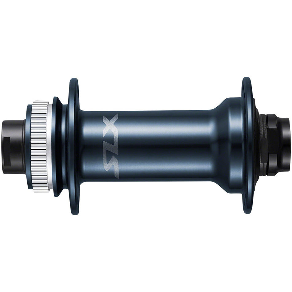 Shimano SLX HB-M7110 front hub for bicycles, showcasing the black hub with spokes and axle in a close-up view.