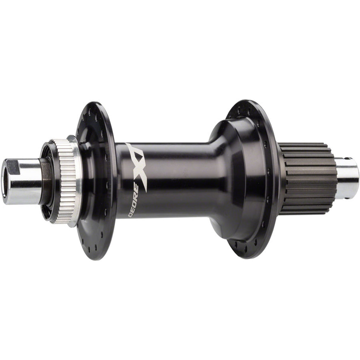 Shimano XT FH-M8110/M8130 rear hub with black body and silver accents, featuring multiple spokes and disc brake compatibility.