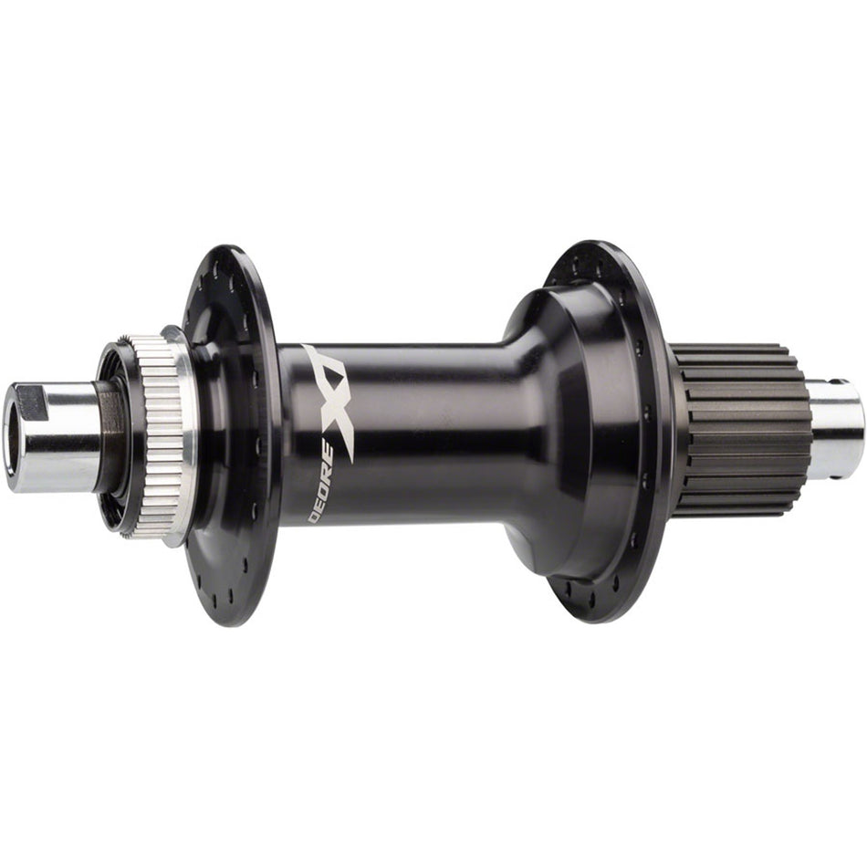 Shimano XT FH-M8110/M8130 rear hub with black body and silver accents, featuring multiple spokes and disc brake compatibility.