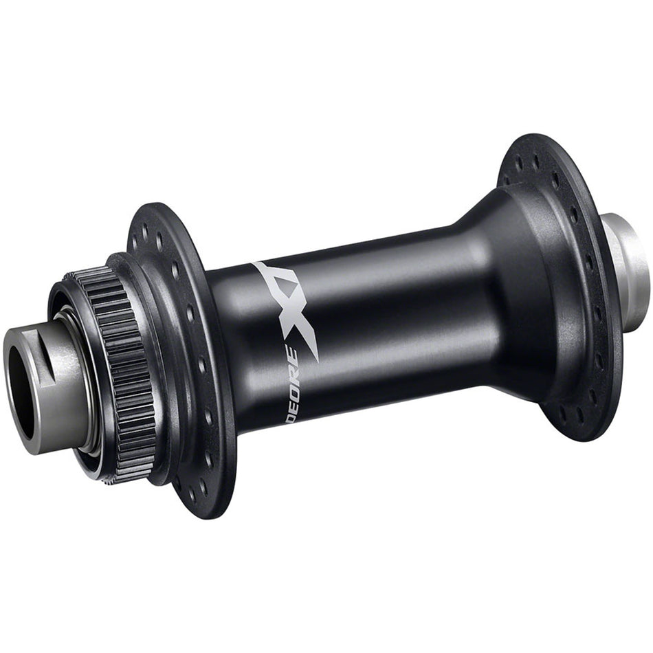 Shimano Deore XT HB-M8110 front hub with black body and silver spokes, designed for mountain bike wheelsets.