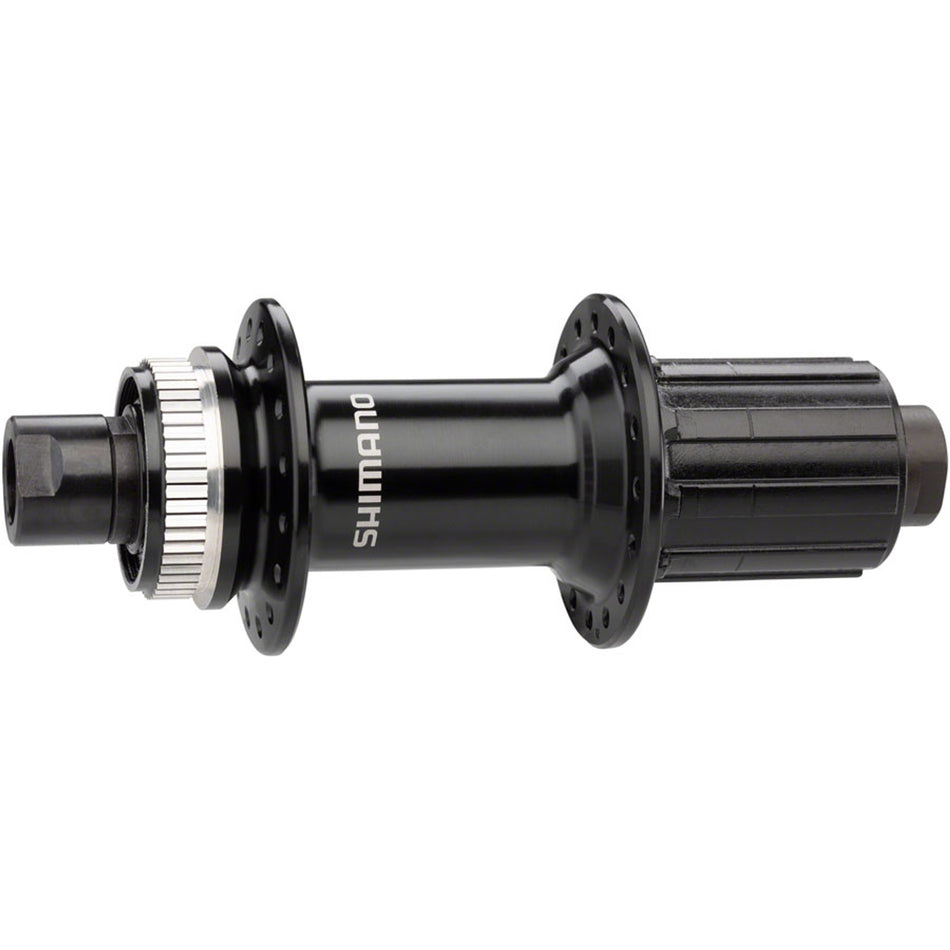 Shimano FH-RS470 rear hub for bicycles, showing the black metal hub with mounting flanges and axle, suitable for wheel assembly.