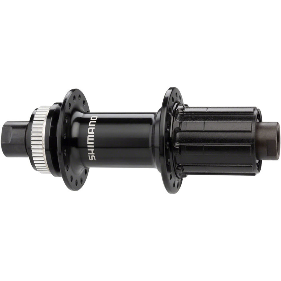 Shimano FH-RS470 rear hub for bicycle wheels, showing the black metal hub with spokes and axle assembly.