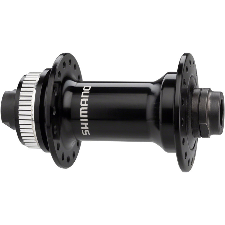 Shimano FH-RS470 rear hub for bicycle wheels, black metal with quick-release skewer and detailed gear mounting interface.