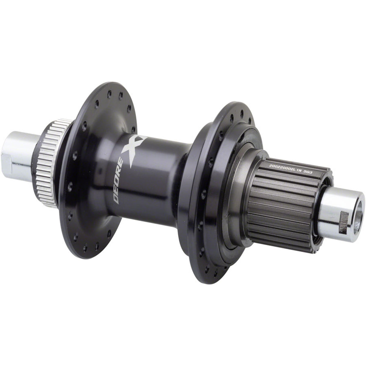Shimano XT FH-M8110/M8130 rear hub for mountain bikes, showing the black anodized alloy body and precise flange design.