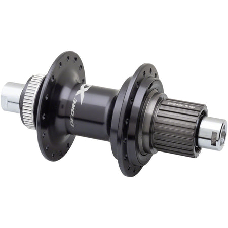 Shimano XT FH-M8110/M8130 rear hub for mountain bikes, showing the black anodized alloy body and precise flange design.