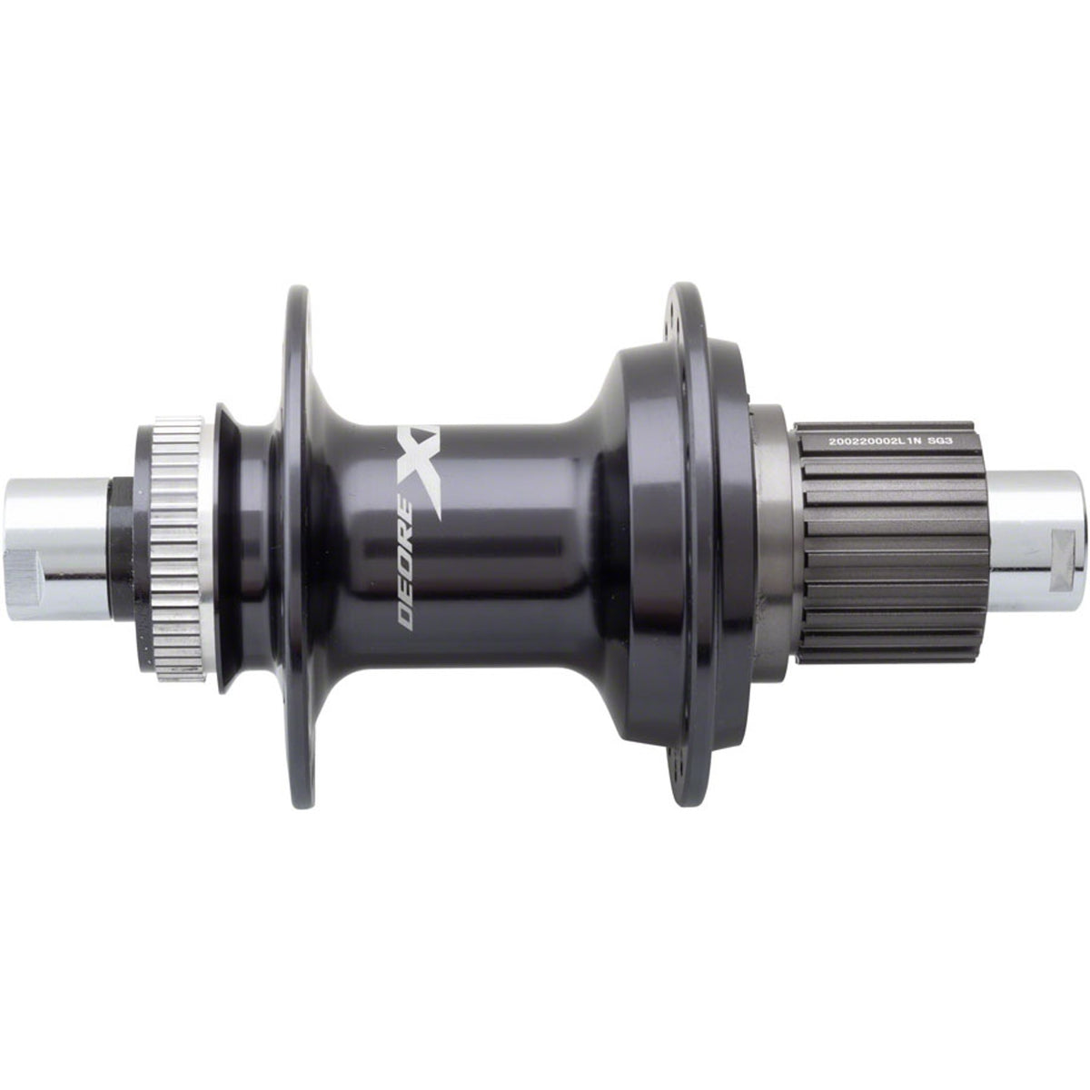 Shimano XT FH-M8110/M8130 rear wheel hubs with black finish and flange, showing detailed gear and axle components.